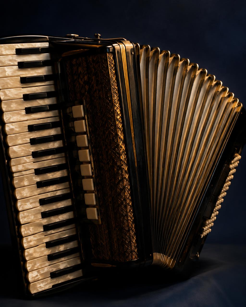 A piano accordion with pearl keys