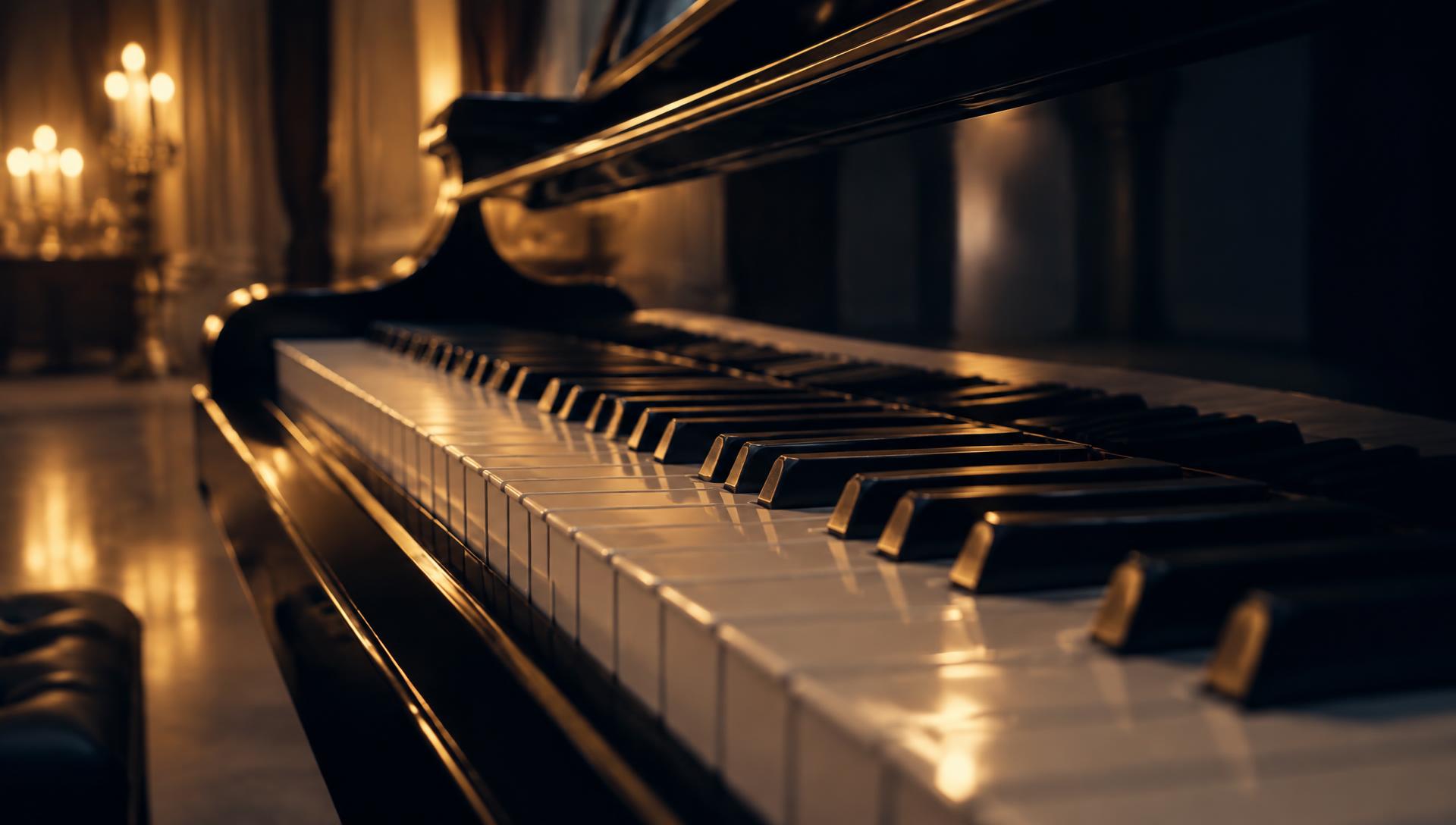 Grand piano keys lit by warm golden light