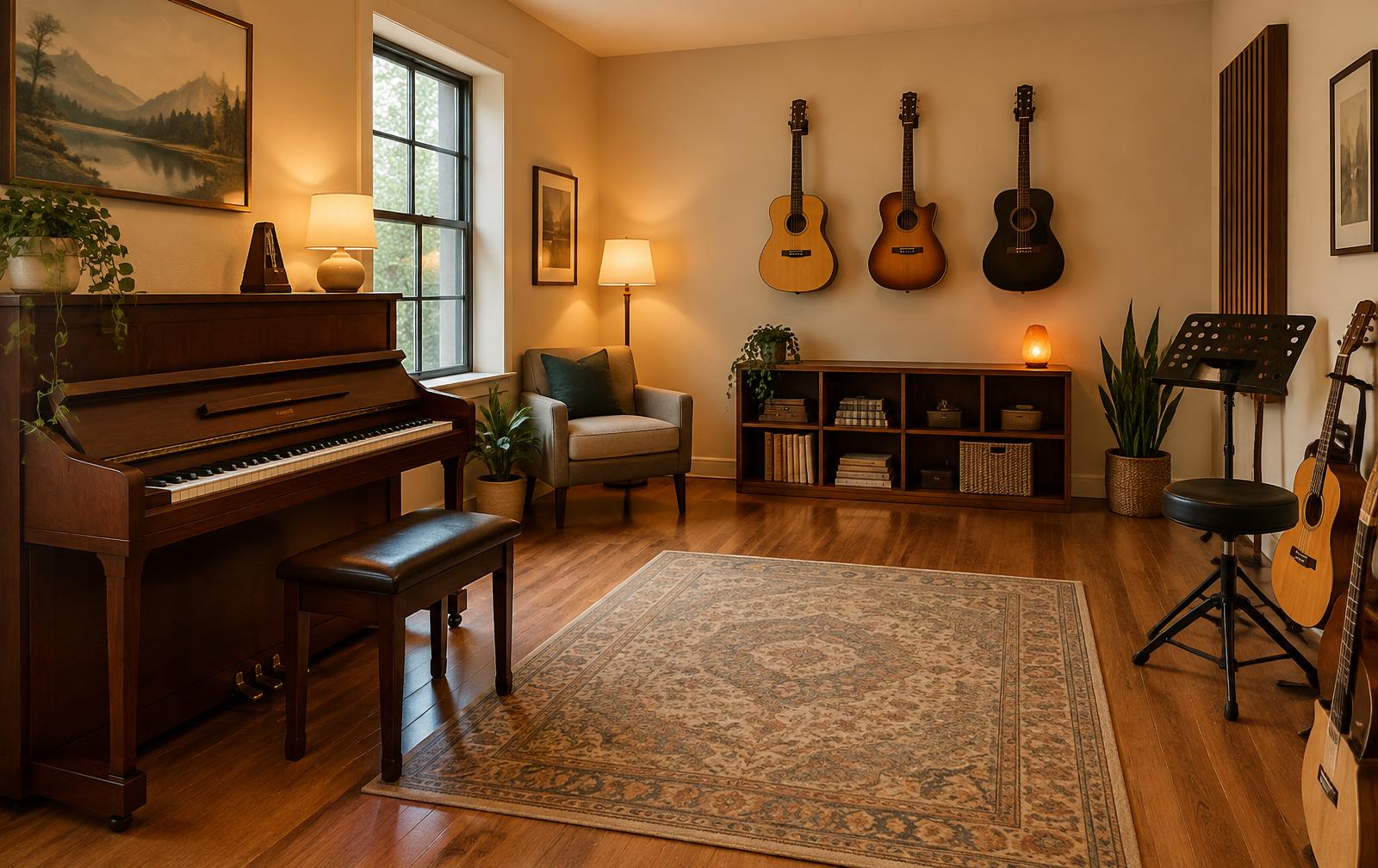 A warm, softly lit music teaching room with a piano and guitars