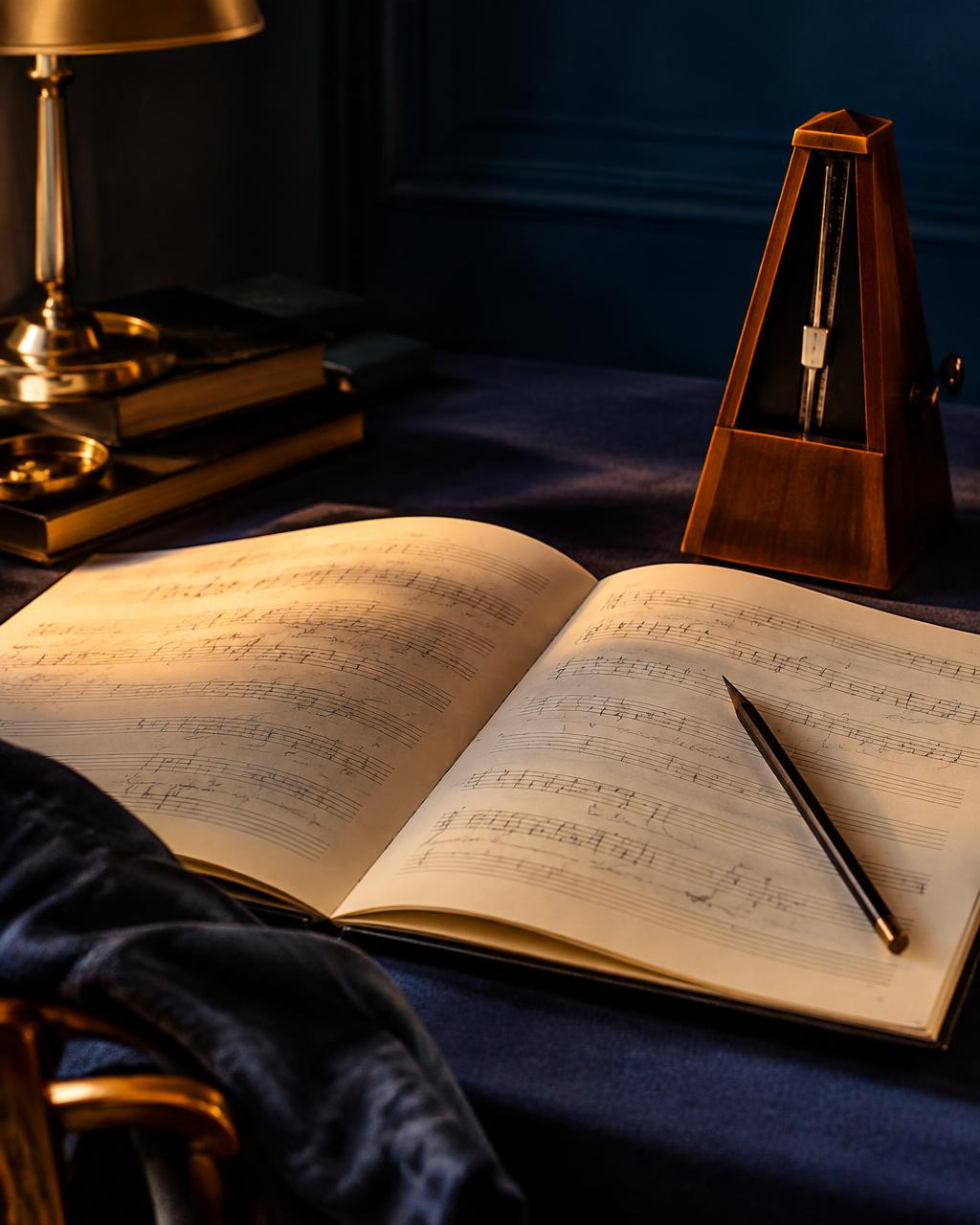 Manuscript book, pencil and metronome